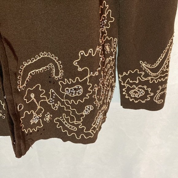 47-7 COLDWATER CREEK brown white seed bead embroidery eyehook cardigan L - Picture 4 of 4